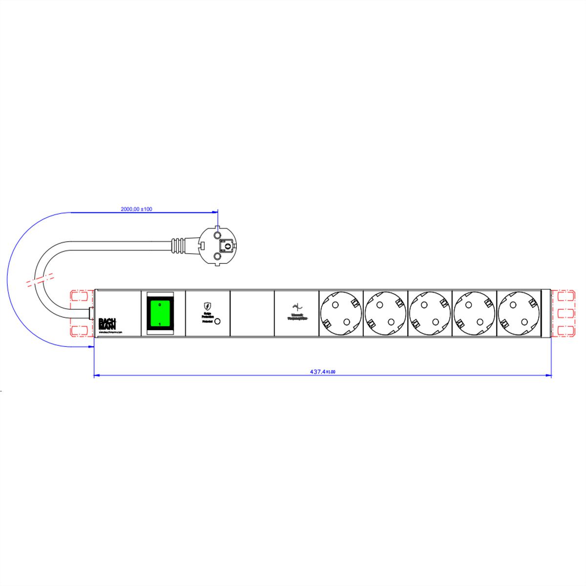 BACHMANN 19" 1U 5xCEE7/3 1xswitch 1xGVS-Plus 2.0m CEE7/7