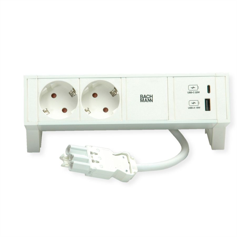 BACHMANN DESK2 ALU WIT 2x geaard stopcontact, USB oplader 22 W A&C, 0,2 m GST18