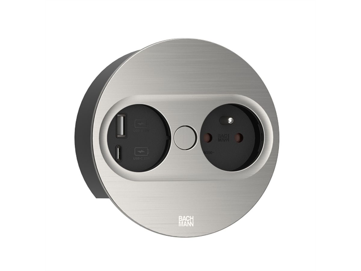 BACHMANN TWIST 2 1xUTE 1xUSB A/C 22W 2.0m AEH stainless steel look round