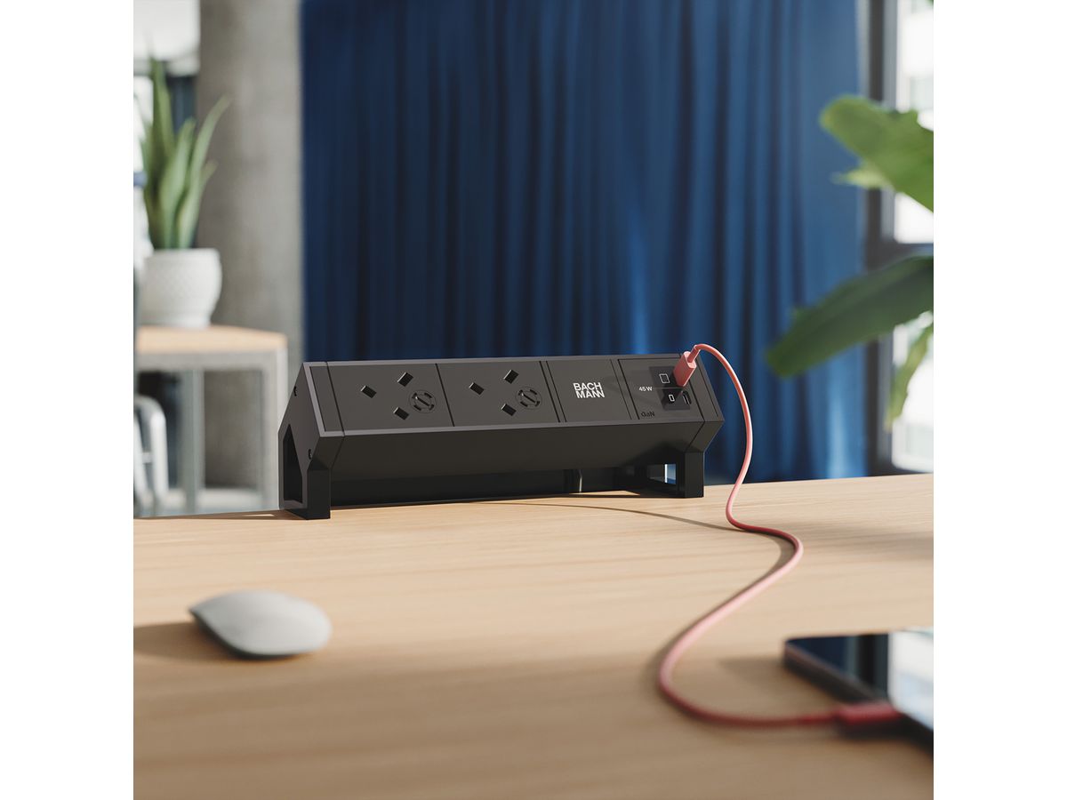 BACHMANN DESK2 2xUK 1xUSB C/C 45W, L=0.2m RAL9005