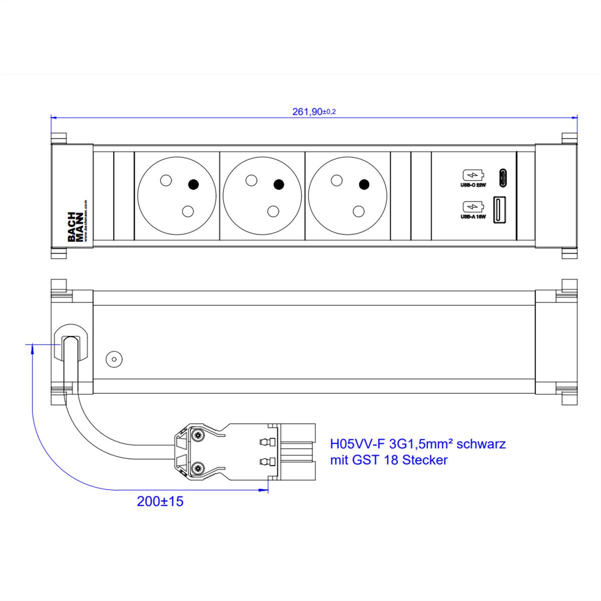 BACHMANN POWER FRAME M 3xUTE 1xUSB A&C 22W 0.2m GST18