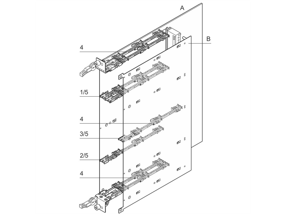 SCHROFF printplaatgeleiders/moeren voor AdvancedMC, tussen afdekking A (links) en B (rechts)