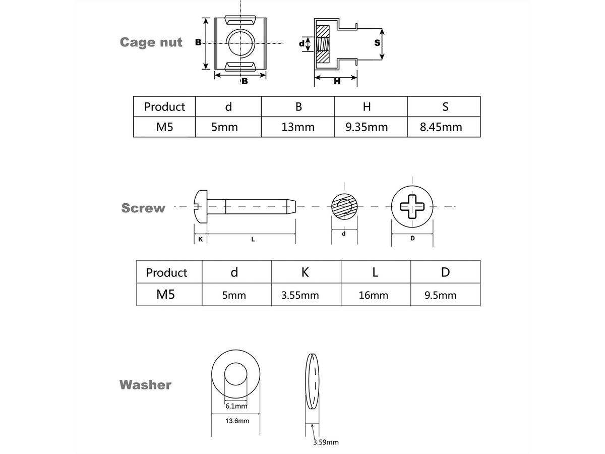 ROLINE Montagemateriaal voor 19 "componenten, M5, 100-voudig, zwart