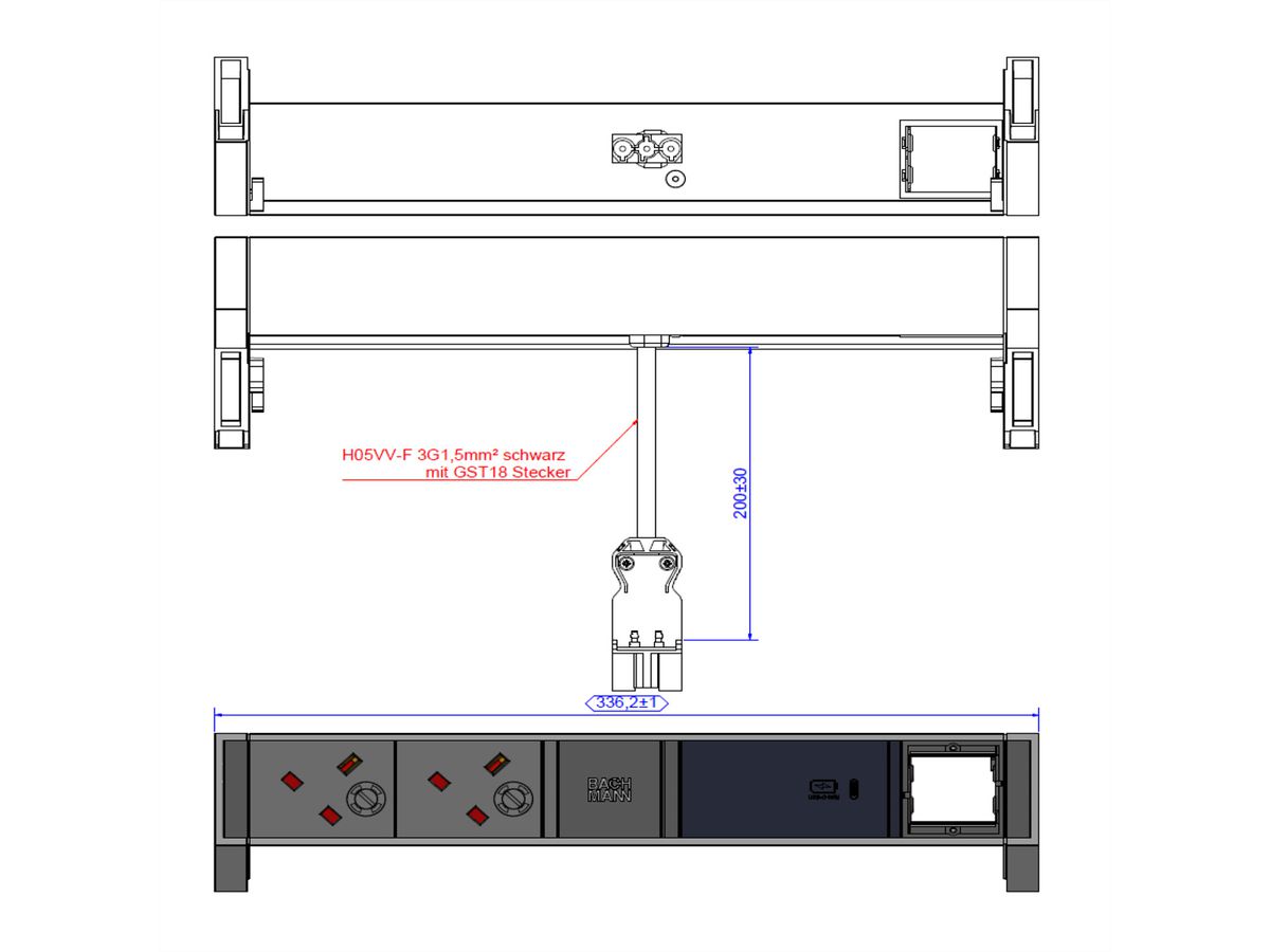 BACHMANN DESK2 2xUK 1xUSB C 60W 1xCM, 0,2m GST18 INOX Verenigd Koninkrijk