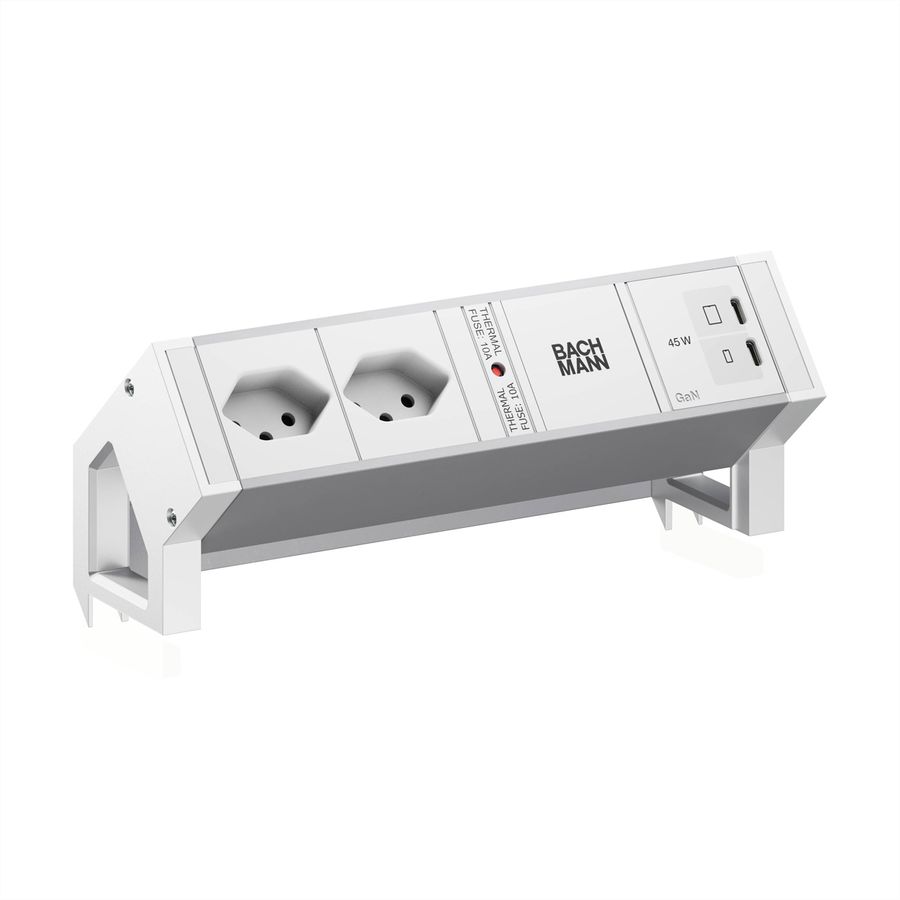 BACHMANN DESK2 ALU WHITE 2xCH 90°, 1xUSB C/C 45W L=0.2m RAL9010