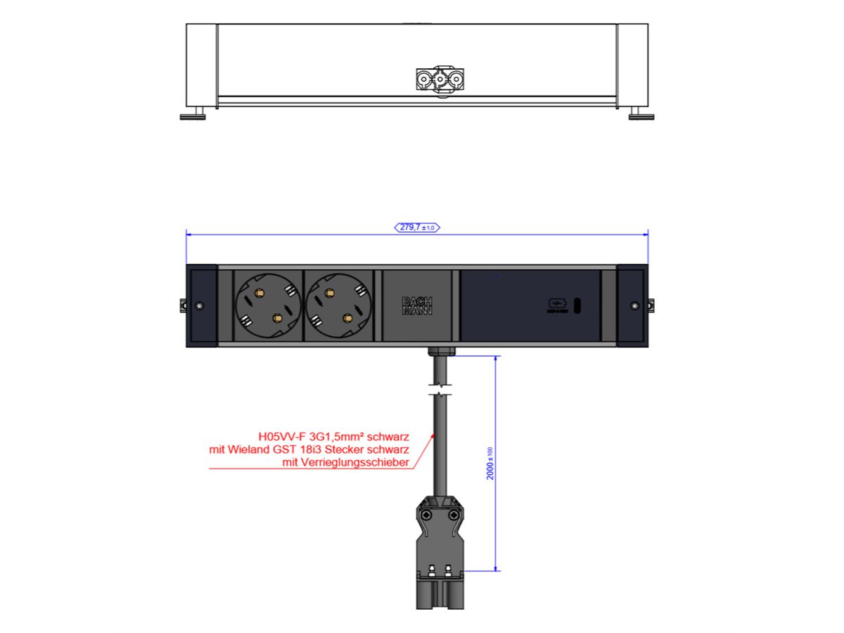 BACHMANN DESK RAIL 2x-beschermend contact USB C, USB Lader 60W 2.0m GST18