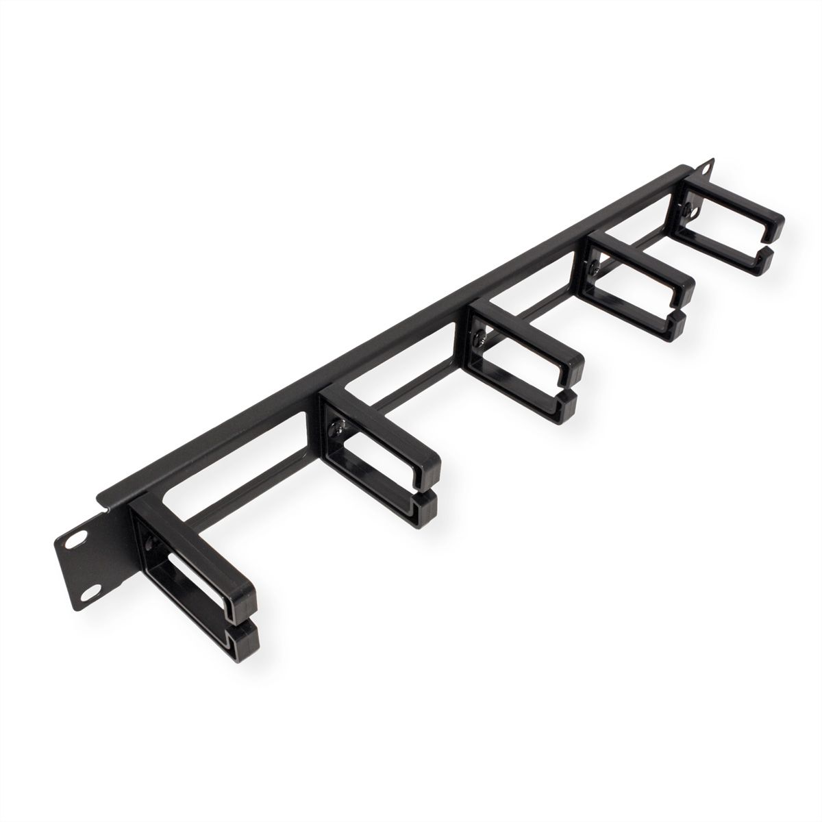 VALUE 19" 1U Cable Management Plate, C-Type, 5 Hooks, Cut-out front panel / cable feed-through, black