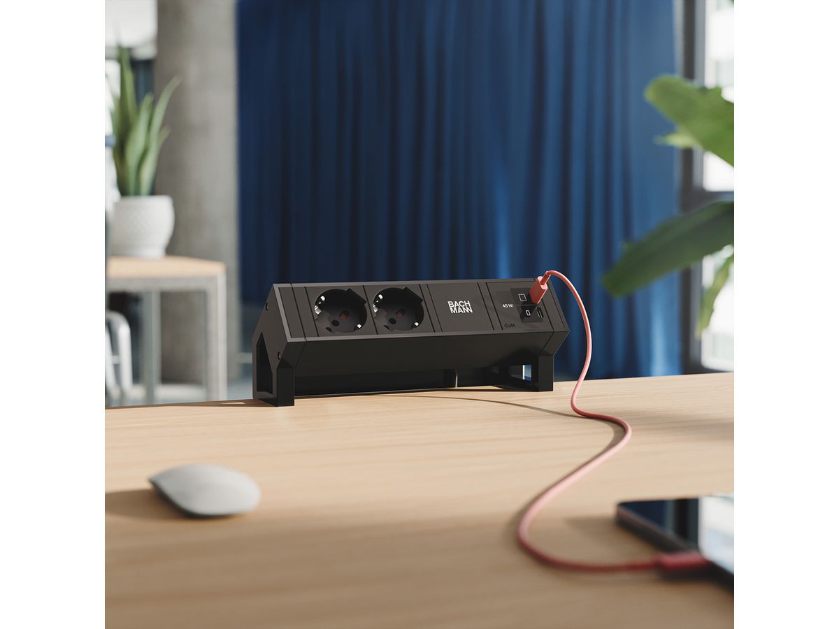 BACHMANN DESK2 2xP40 1xUSB C/C 45W, L=0.2m RAL9005