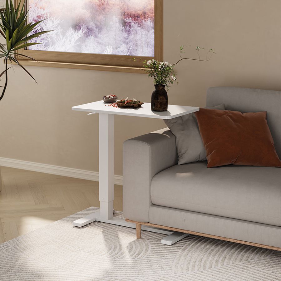 ROLINE Gas Spring Side Table / Workstation, height-adjustable, hidden casters, white