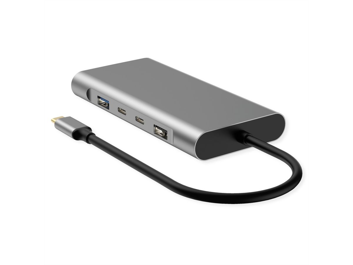 VALUE Dockingstation Type C, 1x HDMI 4K60, 1x HDMI 4K30, 1x DP 4K60, 1x VGA 1080P, 1x Gigabit Ethernet, 2x USB 3.2 Gen1 (C), 1x USB 3.2 Gen1 (A), 1x USB 2.0 (A), 1x Type C PD (Power Delivery)
