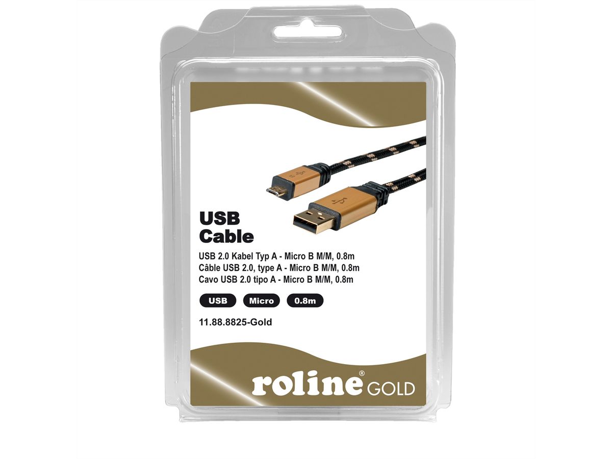 ROLINE GOLD USB 2.0 Cable, USB Type A M - Micro USB B M, Retail Blister, 0.8 m
