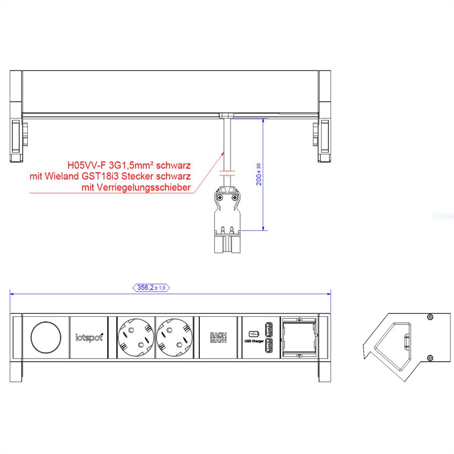 BACHMANN DESK2 1xIOTspot 2xprotective contact, USB Charger 1xABD 0.2m GST18, inox