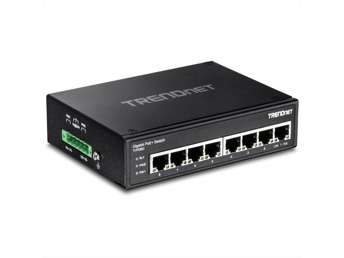 TRENDnet TI-PG80 8-poorts Geharde Industriële Gigabit PoE+ DIN-Rail Switch