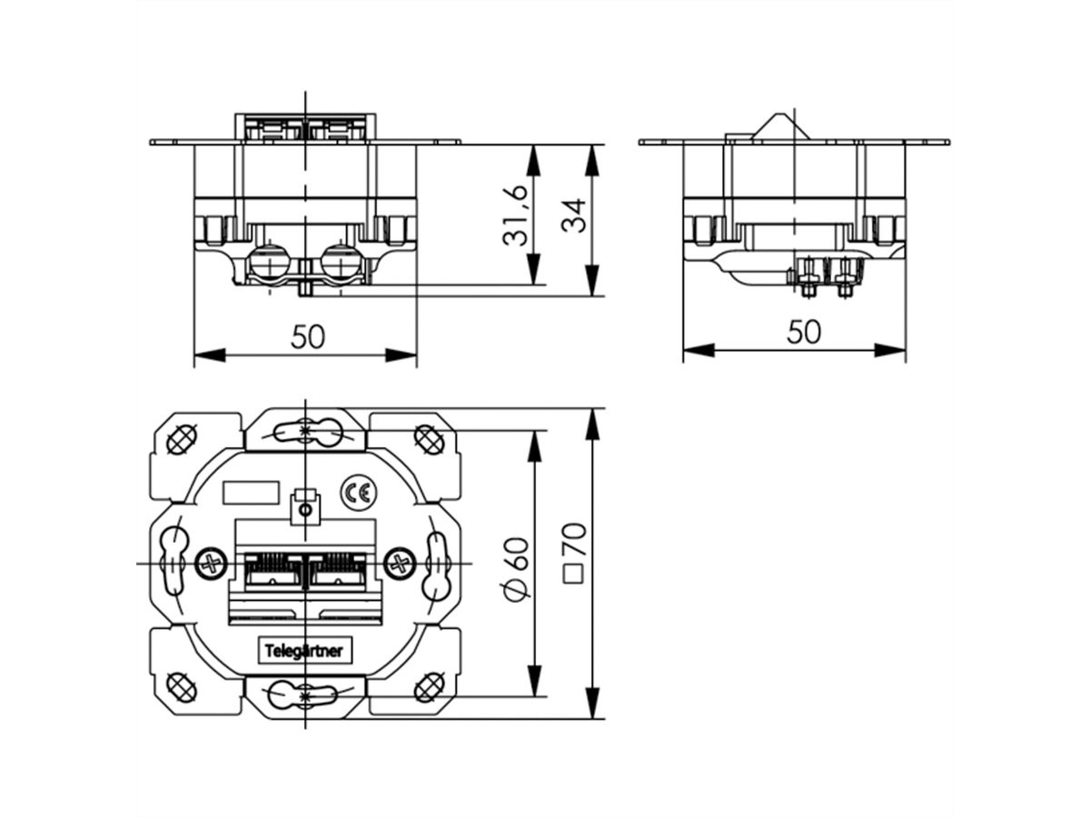 TELEGÄRTNER AMJ45 contactdoos zonder centraalplaat 2x RJ-45 Cat.6A (Klasse EA)