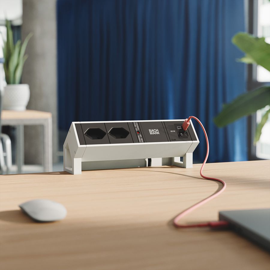 BACHMANN DESK2 2xCH 90° 1xUSB C/C 65W, L=0.2m RAL9010