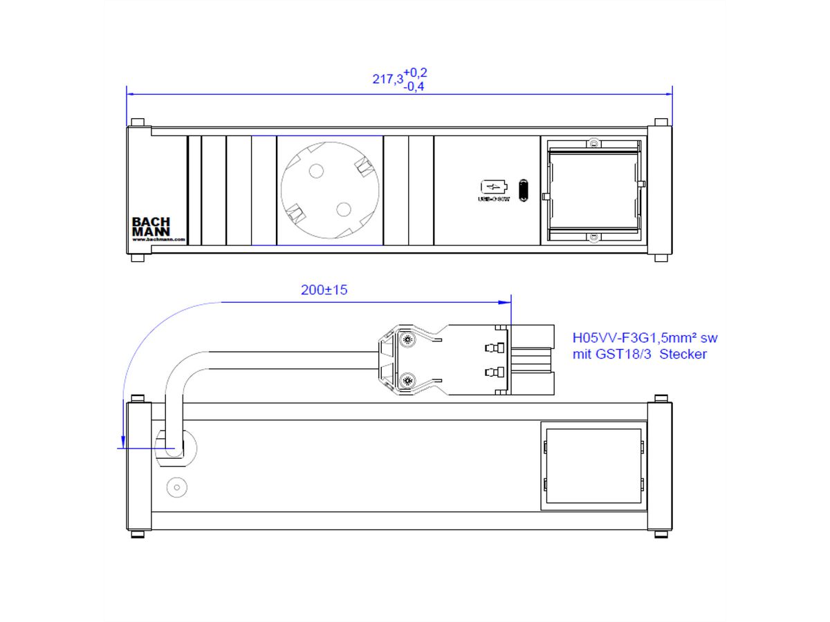 BACHMANN CONI 1xCEE7/3 1xUSB C 30W, earthing contact GST18 plug