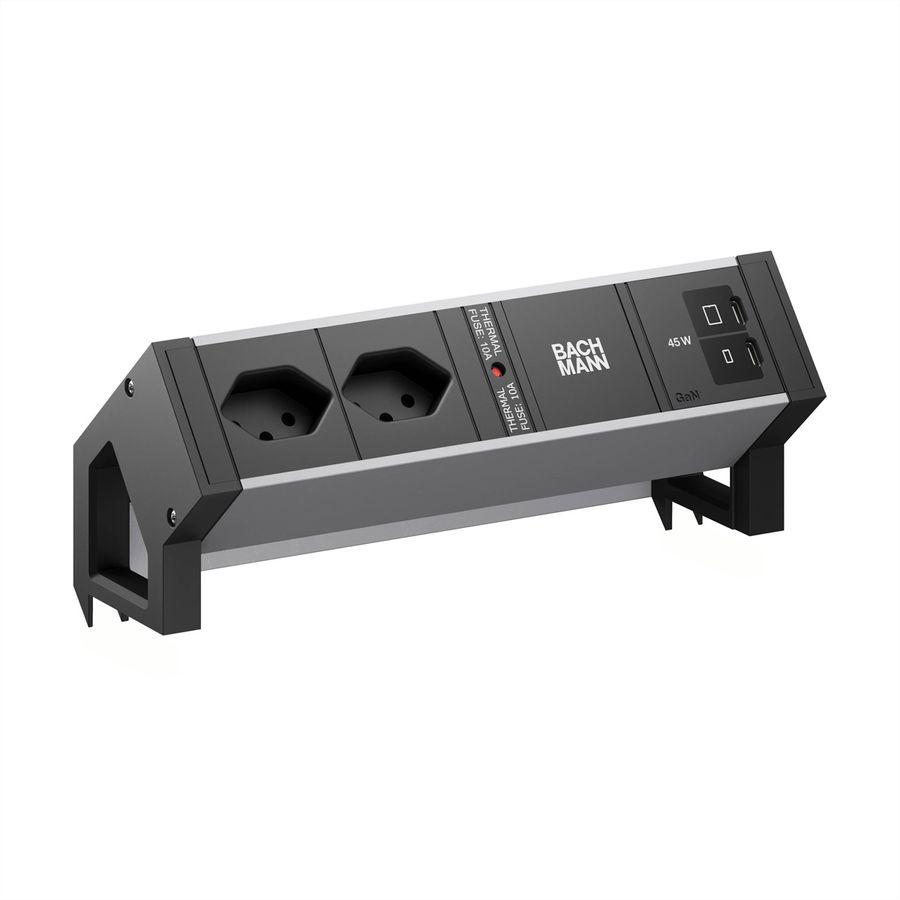 BACHMANN DESK2 ALU BLACK 2xCH 90°, 1xUSB C/C45W L=0,2m