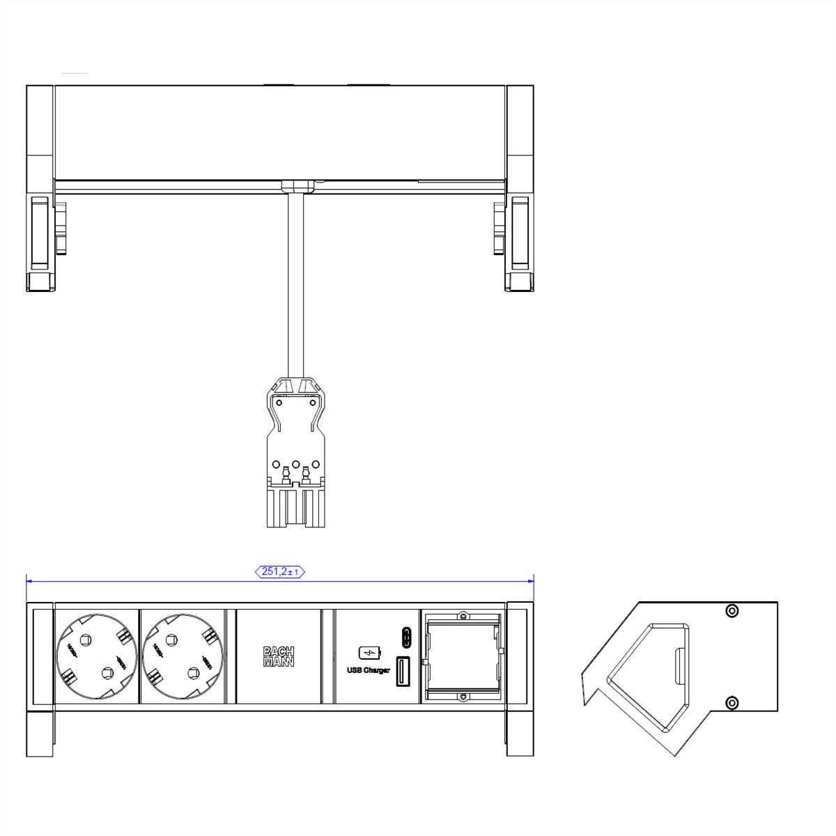 BACHMANN DESK2 2xbeschermend contact USB A&C, USB Lader 22W 1xABD 0,2m GST18 zwart