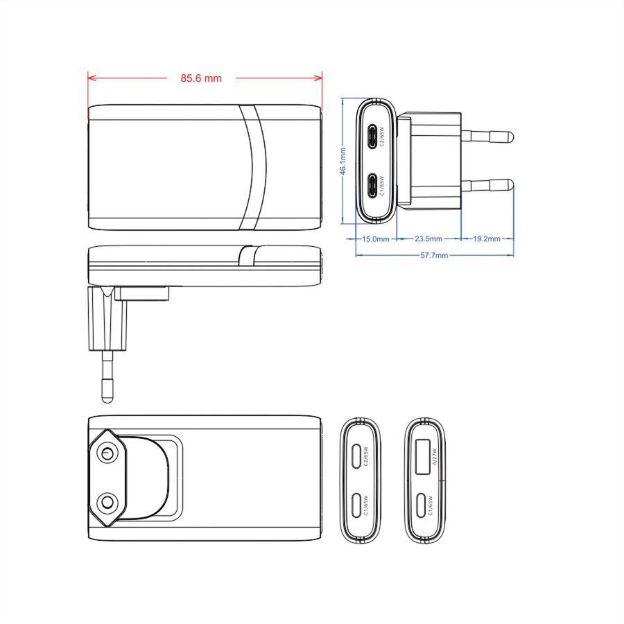 VALUE USB-oplader met Euro-/US-stekker, 2 poorten type A+C, 65W