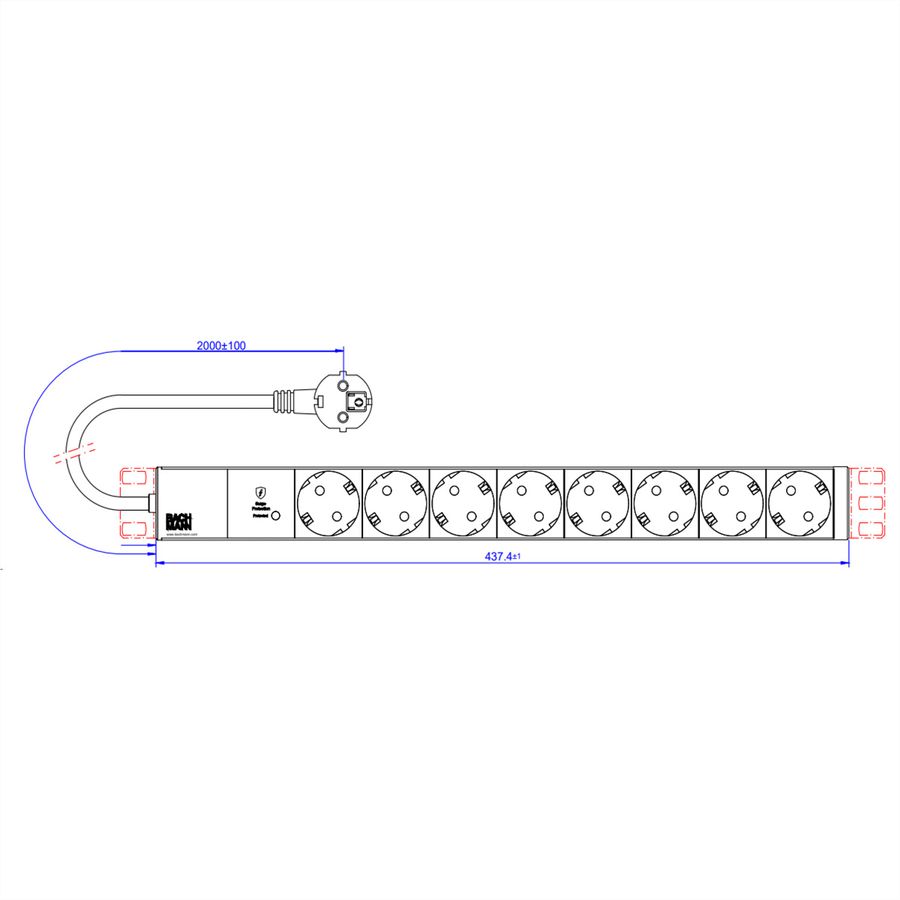 BACHMANN 19" 1U 8xCEE7/3 RAL7035 1xSPD-Plus 2,0m CEE7/7