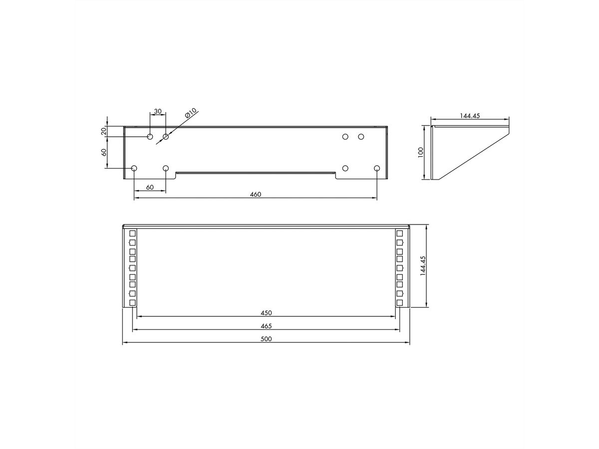 19" wand-/ondersteuningsbeugel, 3 HE, zwart