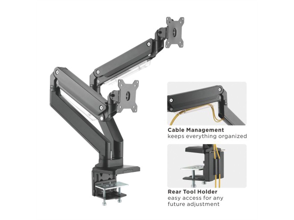 ROLINE Dual LCD Monitor Stand Pneumatic, Desk Clamp, Pivot, 5 Joints, , max. 15 kg, up to 35"