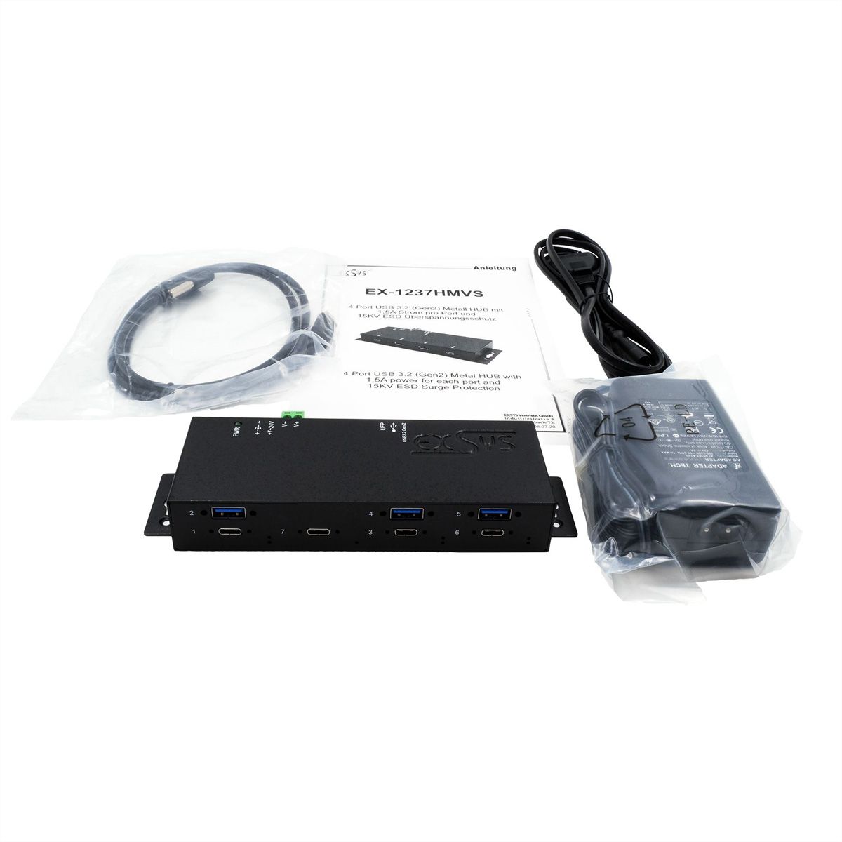 EXSYS EX-1237HMVS 7 Port USB 3.2 Gen2 Hub mit 4 x USB-C und 3 x USB-A Anschluss