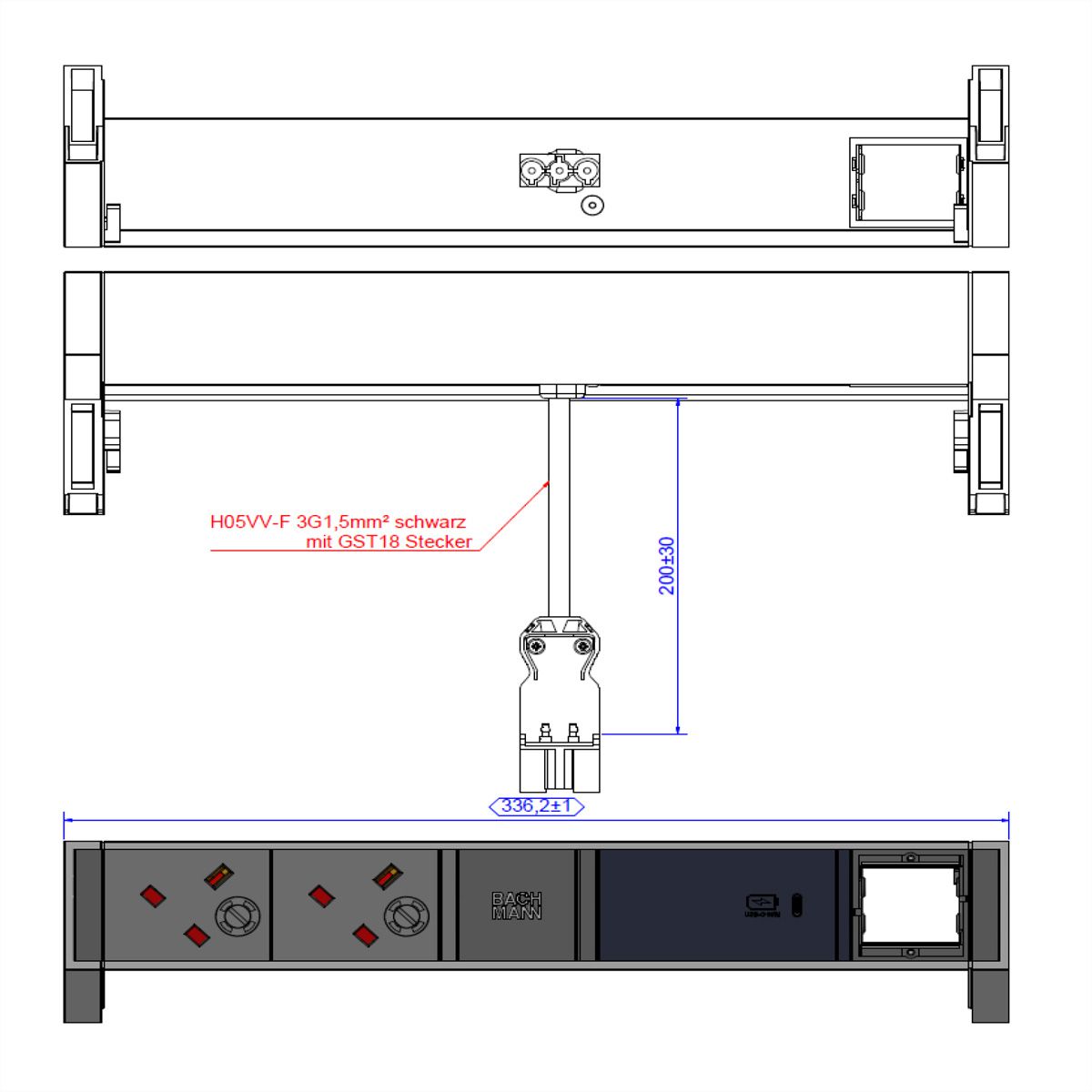 BACHMANN DESK2 2xUK 1xUSB C 60W 1xCM, 0,2m GST18 INOX Verenigd Koninkrijk