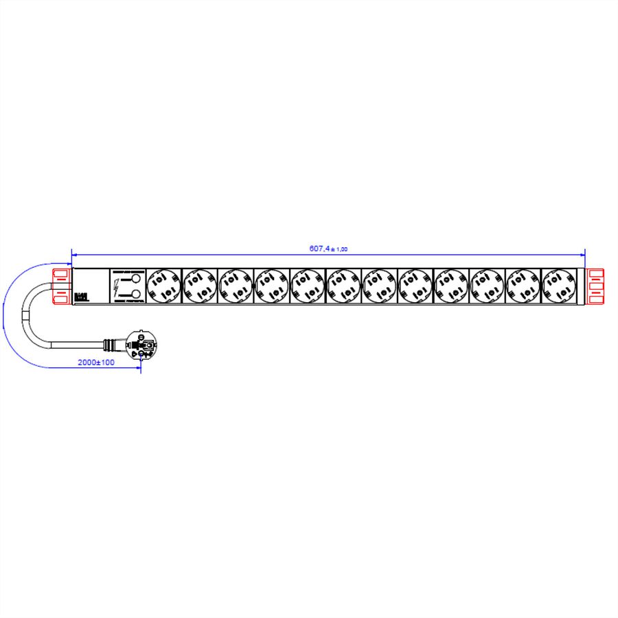 BACHMANN IT PDU ALU 1HE 12x geaard contact, stroomkabel met geaarde stekker