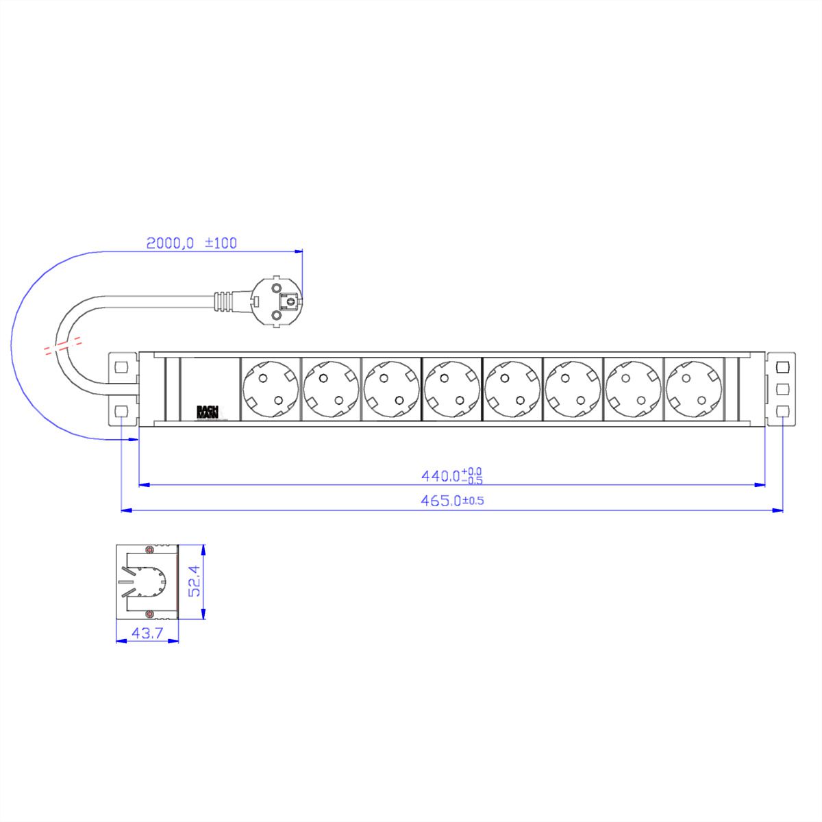 BACHMANN 19'' PVC 8x socket strip with earthing contact, 2.0m earthing contact plug
