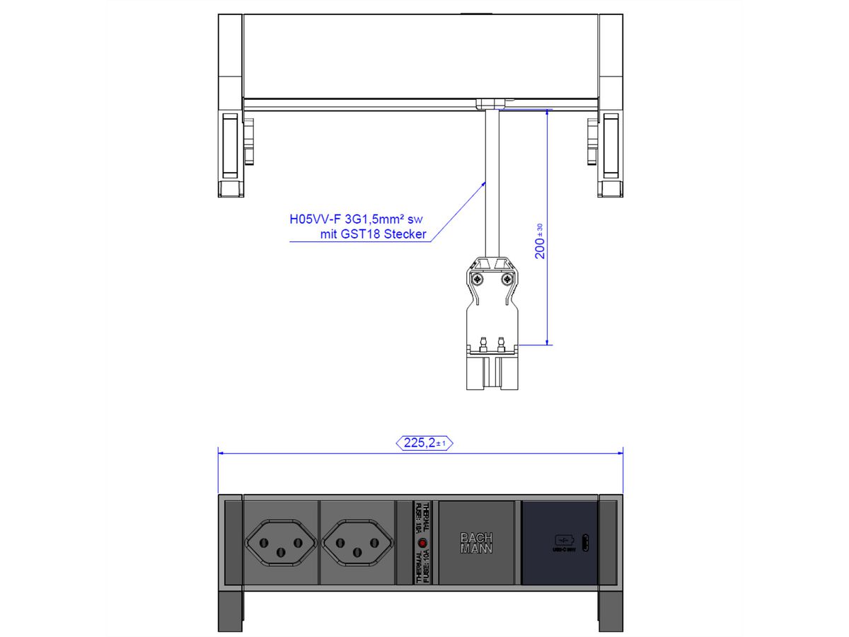 BACHMANN DESK2 2xCH 1xUSB C 30W, 0,2m GST18 INOX Zwitserland