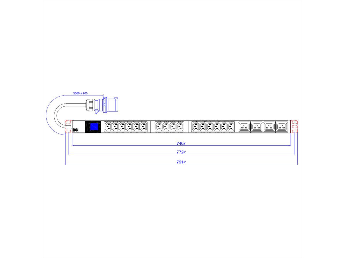 BACHMANN BN0500 19" PDU 1HE 16xC13 4xC19, vermogensmeting, aansluiting CEE 16A, blauw