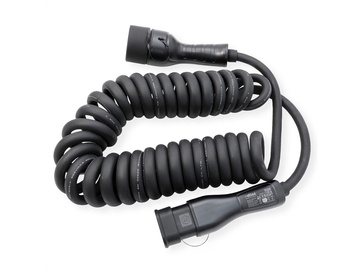 ROLINE Auto oplaadkabel Type2, 3-fase, 480VAC (3P+N+E), 32 A, 22 kW, Spiraalkabel, 7,5 m