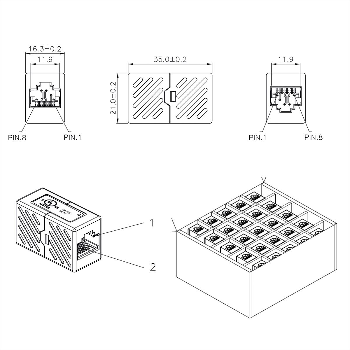 ROLINE RJ45 Koppelstuk, onafgeschermd, Cat.6 (Class E), Verpakking van 25 stuks