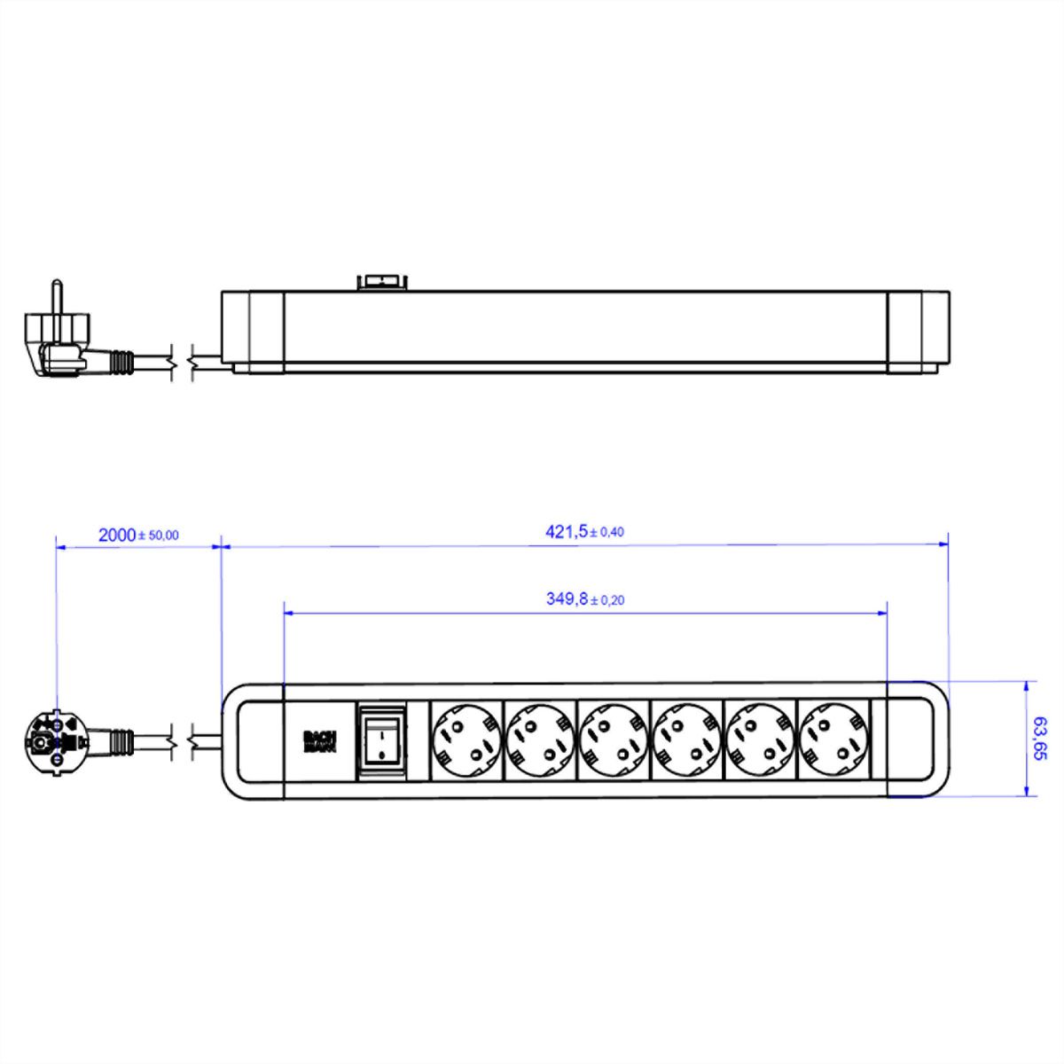 BACHMANN PRIMO2 socket strip 6x earthing contact, aluminium, switch, black, 2 m