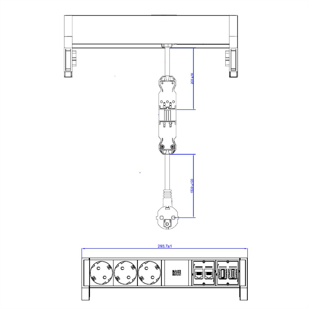 BACHMANN DESK2 3x earthing contact, 2x CAT6, 1x HDMI, 1x USB 3.0, Supply cable GST18 0.2m, INOX