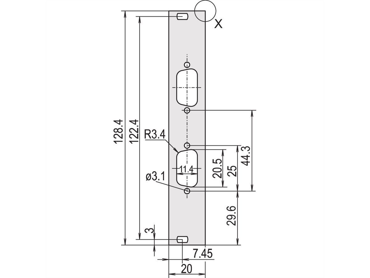 SCHROFF U-profiel voorpaneel, afschermbaar, D-Sub uitsparing, 3 HE, 4 HE, 2 x 9 pen, 2,5 mm, Al, geanodiseerd vooraan, geleidend achteraan