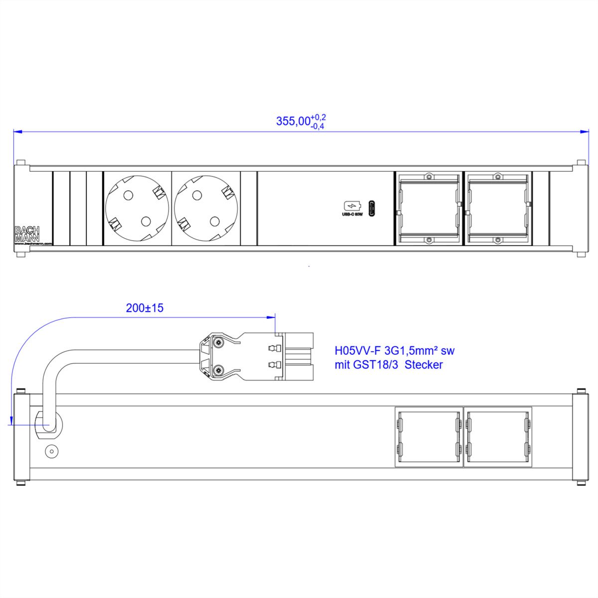 BACHMANN CONI 2xCEE7/3 1xUSB C 60W, earthing contact GST18 plug