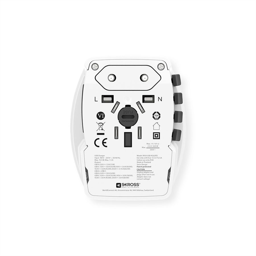 Skross MUV USB AC65PD World Travel Adapter with USB C Cable, worldwide