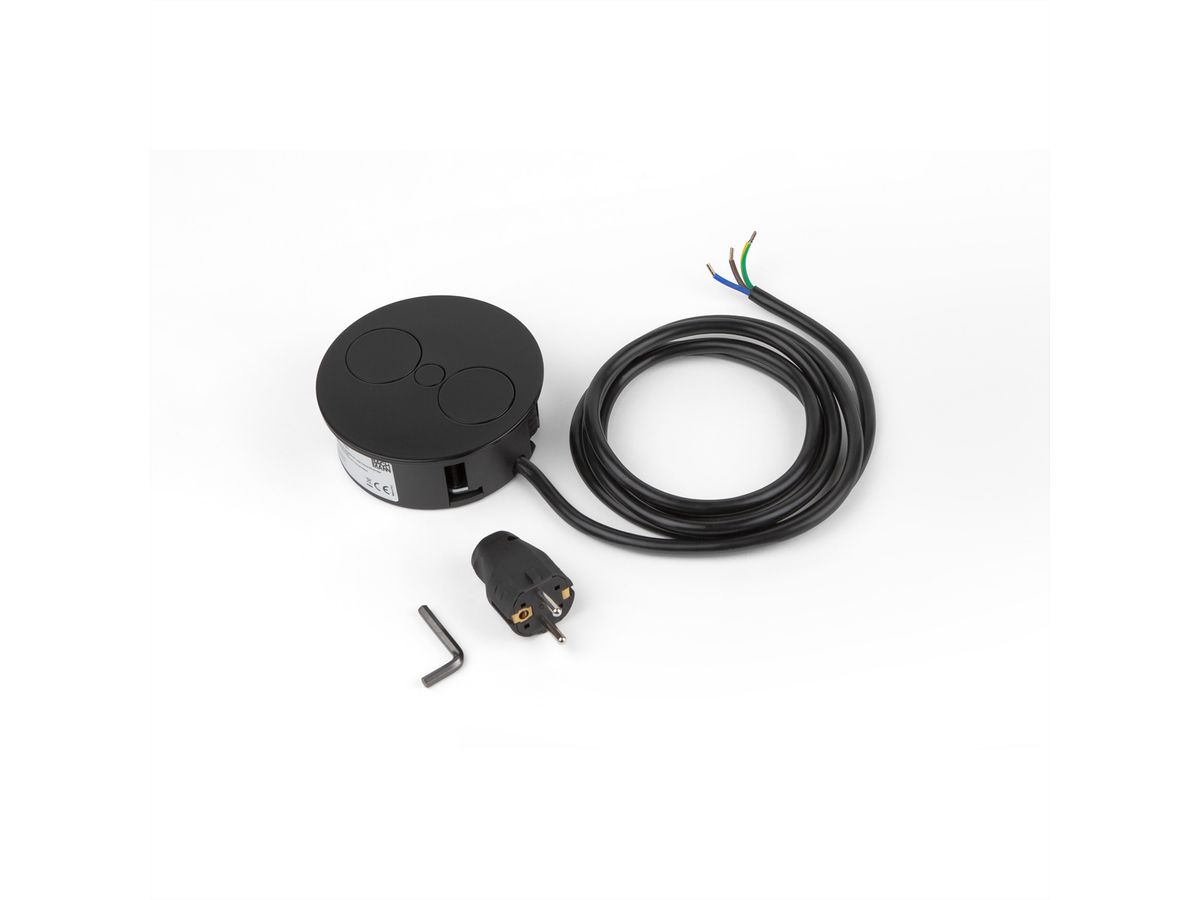 BACHMANN TWIST 1x geaard stopcontact, adereindhulzen, USB oplader, geaarde inbouwstekker, zwart, 2 m