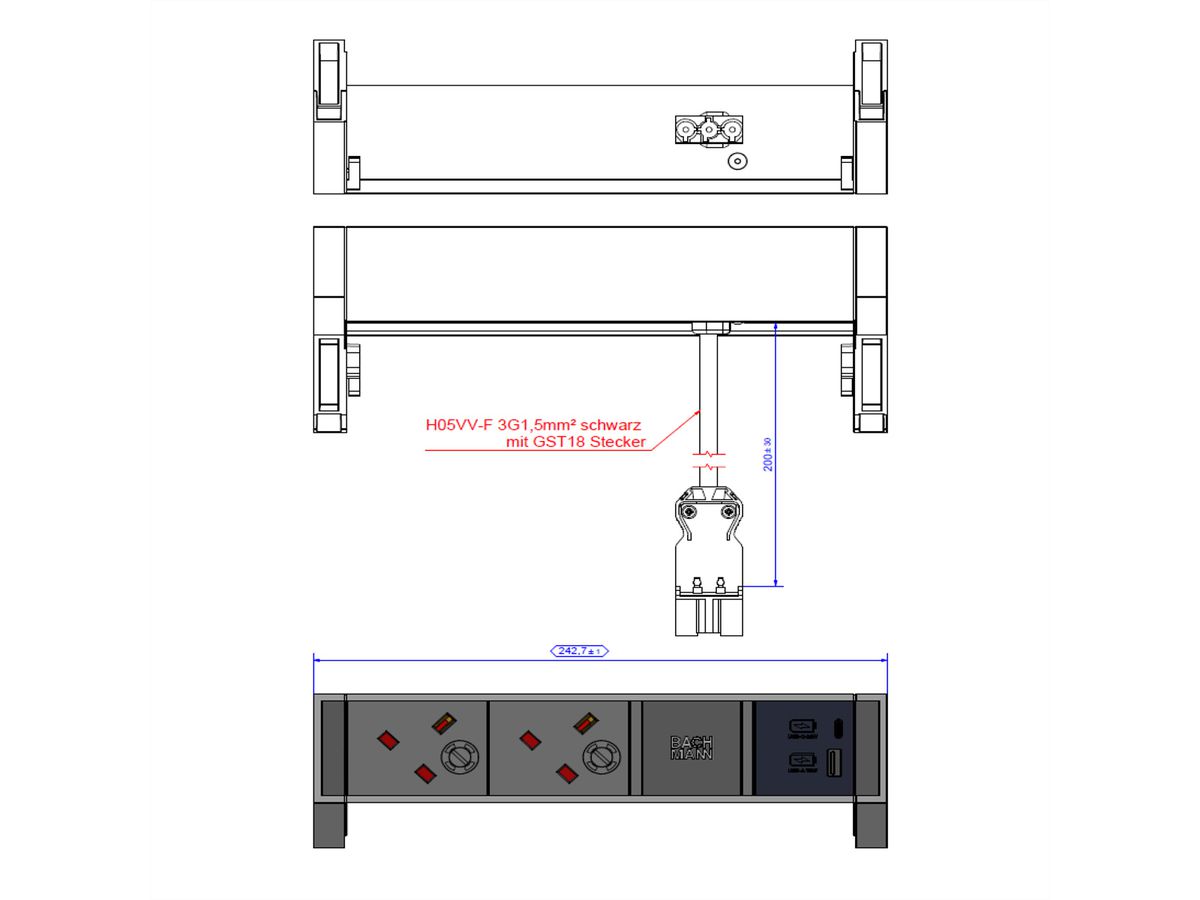 BACHMANN DESK2 ALU ZWART 2xUK, 1xUSB A&C 22W 0,2m GST18 Verenigd Koninkrijk (UK)