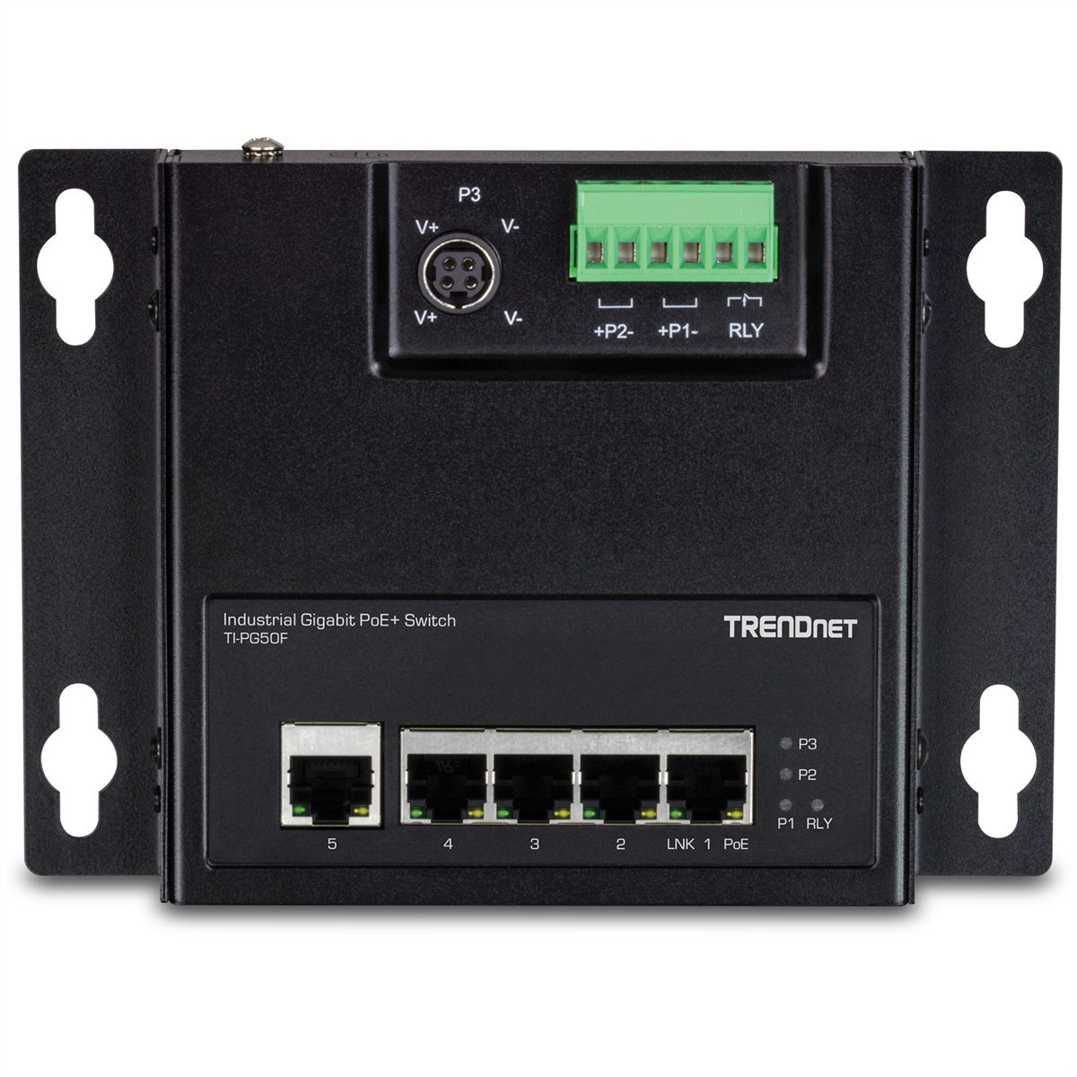 TRENDnet TI-PG50F 5-poorts Industriële PoE+ Gigabit Front Access Switch , wandmontage