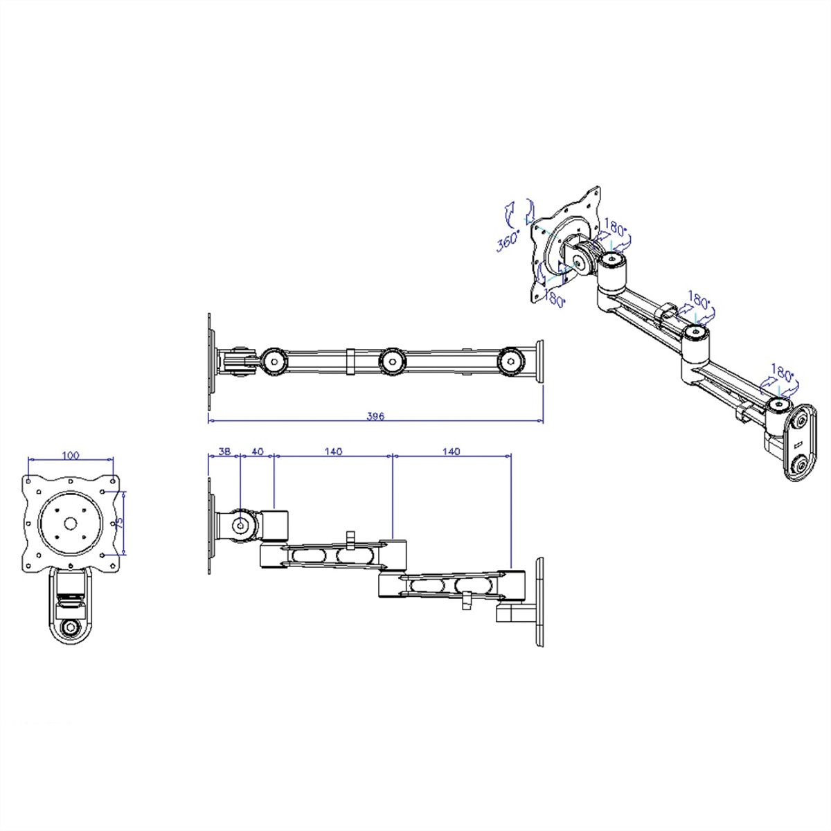 ROLINE LCD Monitor Arm, Wall Mount, 5 Joints, black
