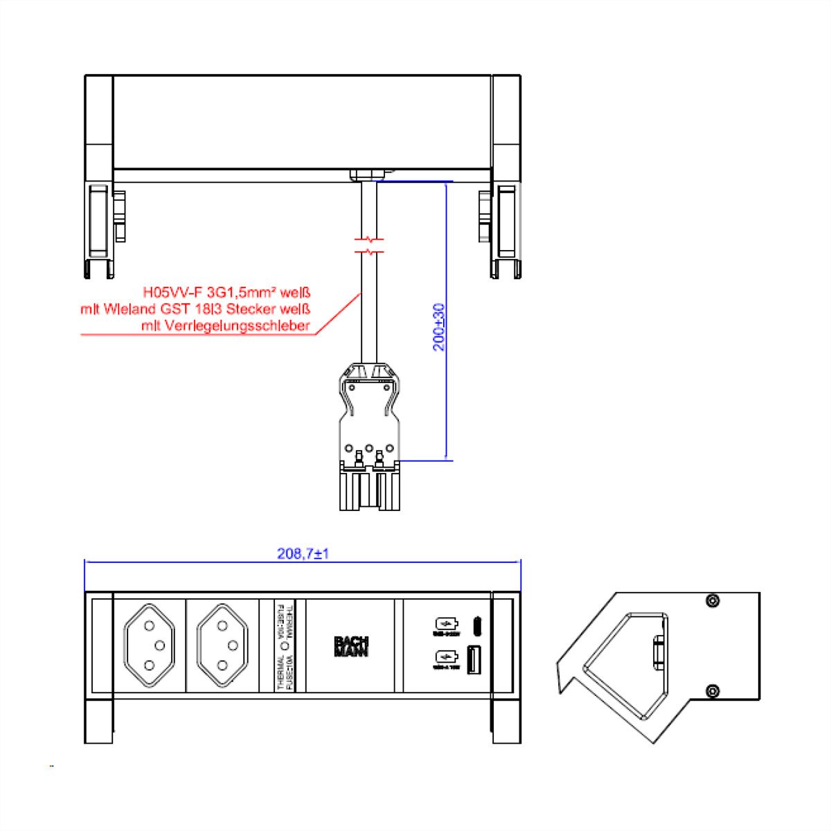 BACHMANN DESK2 2xCH T13 1xUSB A/C 22W 0,2m GST18 RAL9010