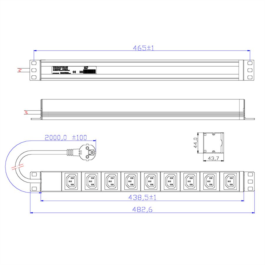 BACHMANN 19" socket strip with 9x C13 sockets, with earthing contact plug