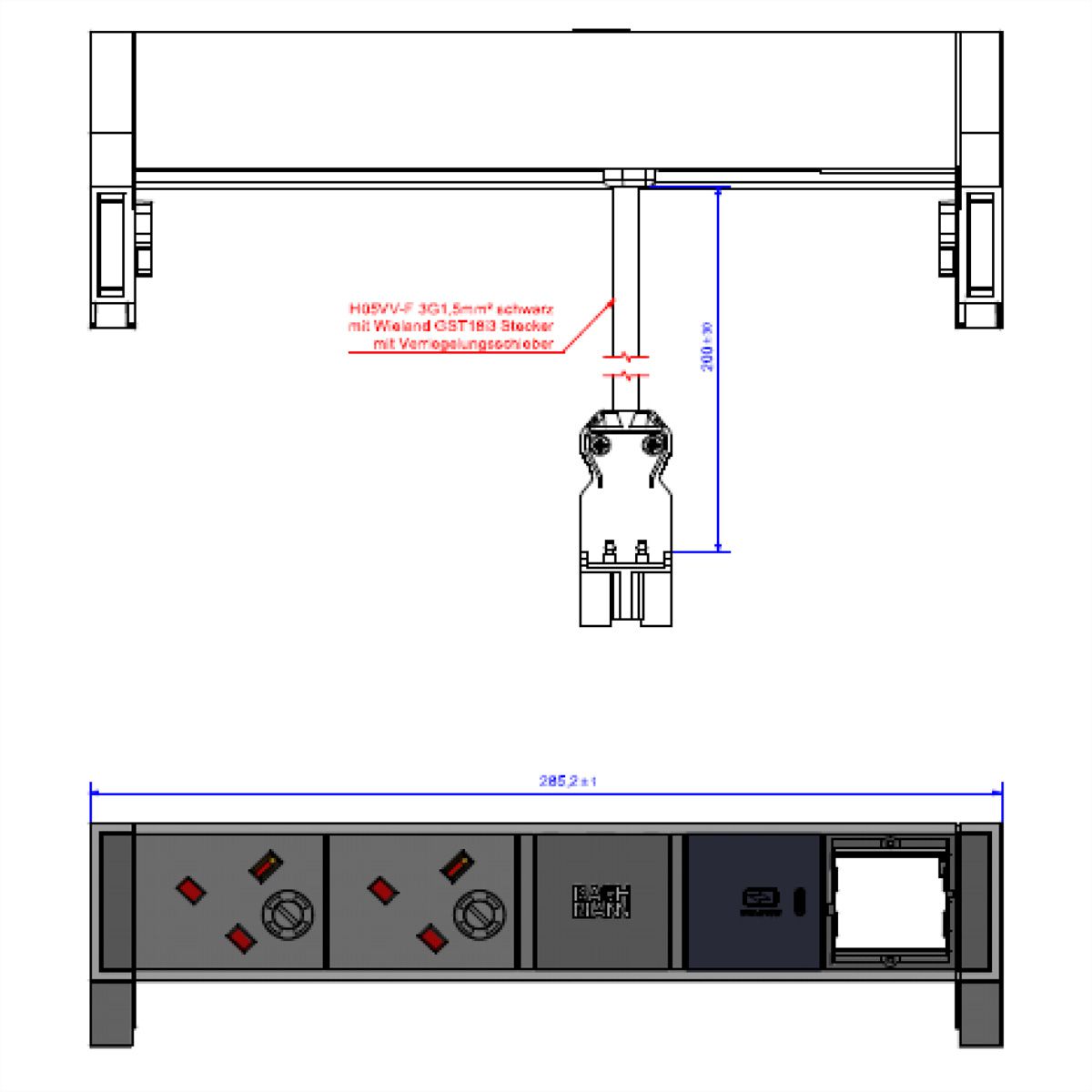 BACHMANN DESK2 2xUK 1xUSB C 30W 1xCM, 0,2m GST18 RAL9010, Verenigd Koninkrijk