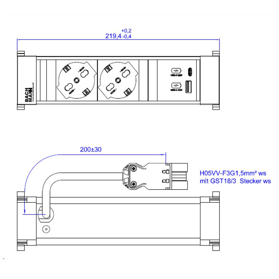 BACHMANN POWER FRAME 2xP40 1xUSB A/C 22W 0.2m GST18