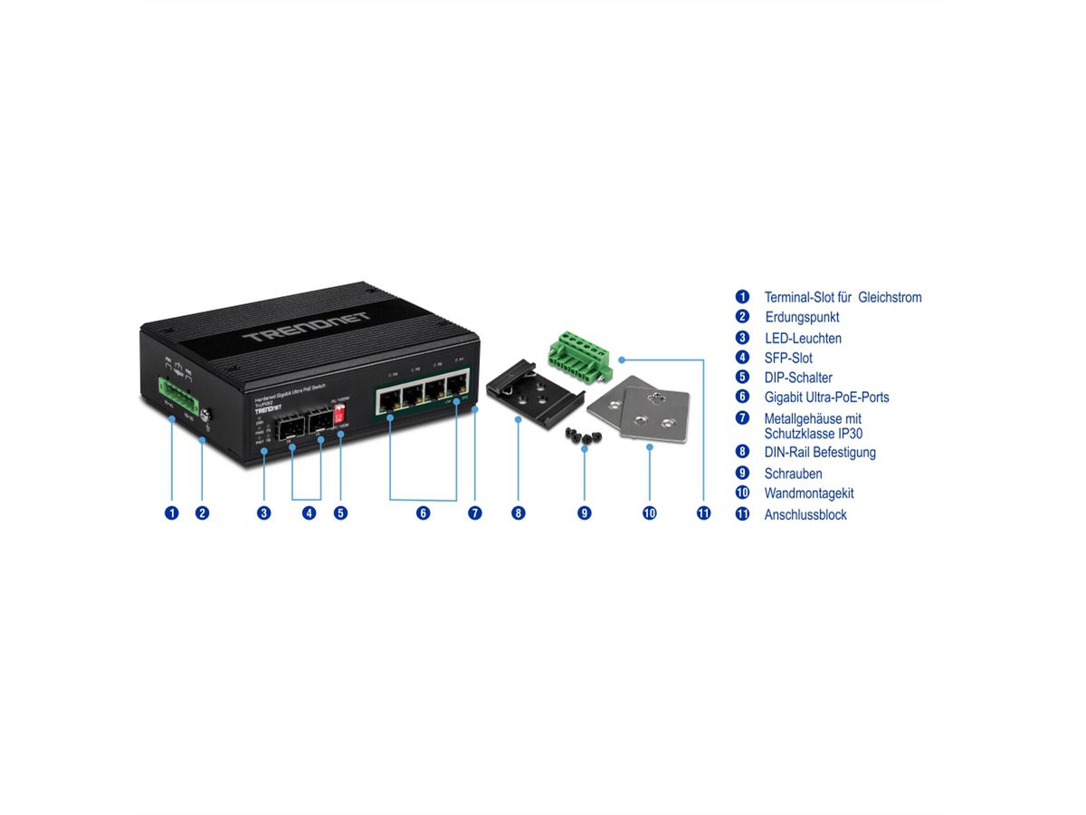 TRENDnet TI-UPG62 6-poorts Gigabit Switch Ultra PoE DIN-Rail Industrieel