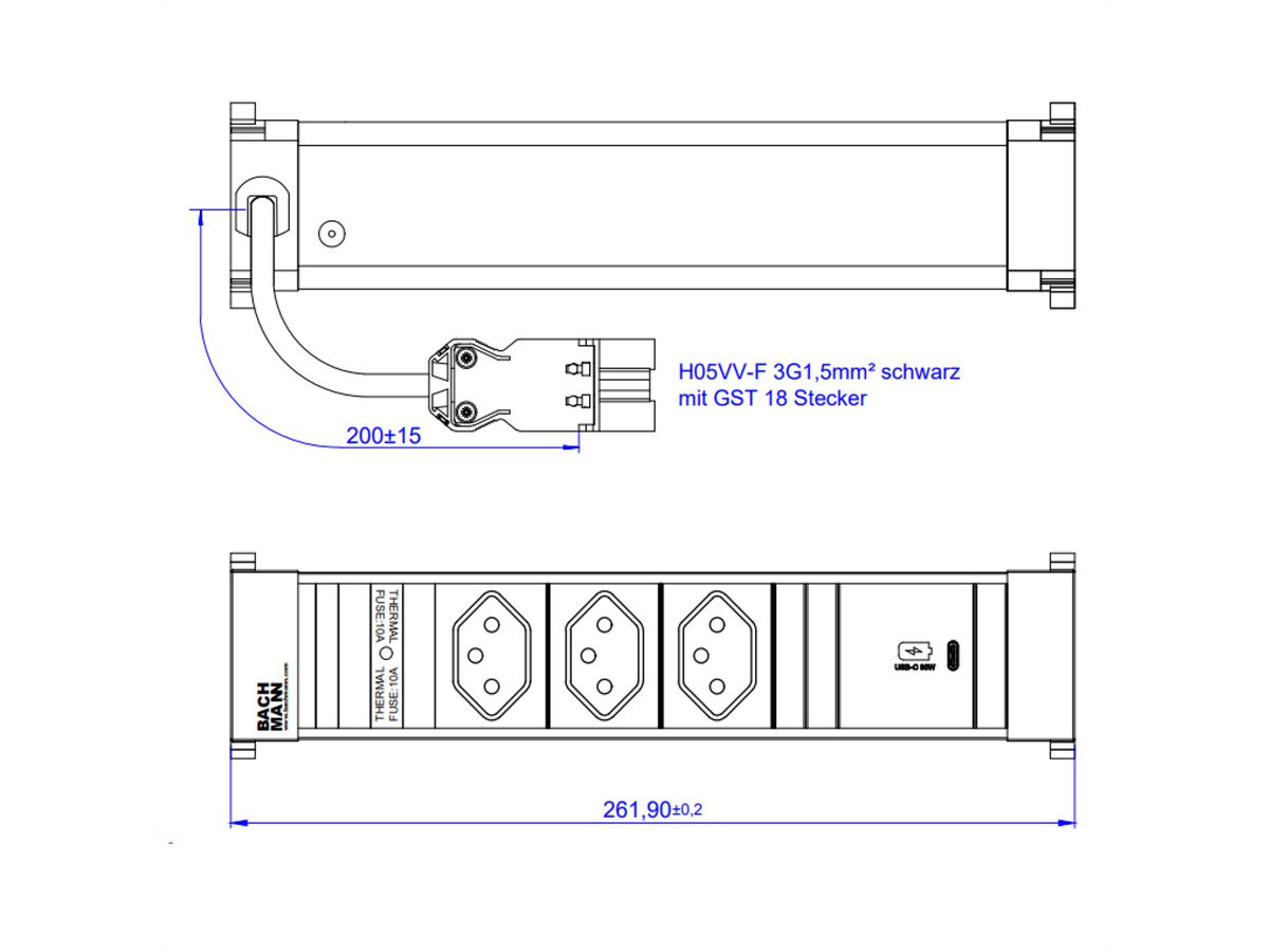 BACHMANN POWER FRAME M 3xCH, 1xUSB C 30W 0.2m GST18 Switzerland