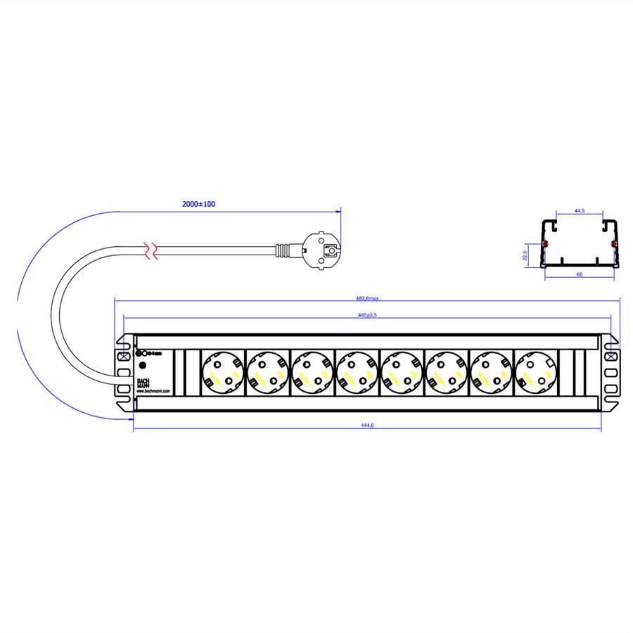 BACHMANN handyman socket strip 8x earthing contact, 19-inch rack compatible, 2 m